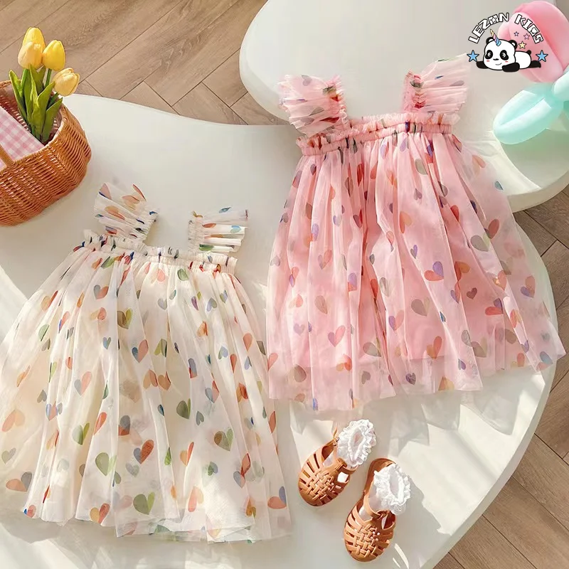 LEZONKIDS - 2024 High Quality heart pattern printed spaghetti strap tutu dresses for girls kids